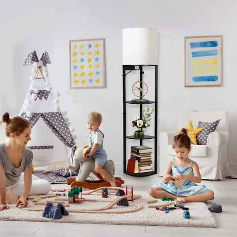 Smart RGB Shelf Floor Lamp With USB Ports And Power Outlet in a cozy playroom with children, featuring modern black design
