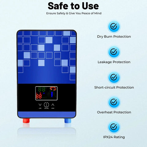 Top Shelf Electric Tankless Water Heater 110V 4500W with LED display, dry burn and leakage protection features.