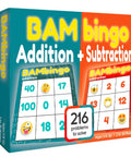 Addition And Subtraction Math Bingo Game For 1st Through 3rd Grade Kids Classroom Or Homeschool Learning 2 In 1 Flash Cards And Bingo Fun To Crush Basic Facts box cover showing addition and subtraction grids
