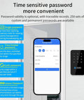 Beefed Up IP67 Waterproof Fingerprint Access Control System With Bluetooth App Unlock NFC RFID Card Reader Digital Keypad And 10 Keychains For Fast Safe Door Entry shown with smartphone app interface and keypad.