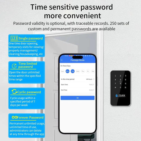 Beefed Up IP67 Waterproof Fingerprint Access Control System With Bluetooth App Unlock NFC RFID Card Reader Digital Keypad And 10 Keychains For Fast Safe Door Entry shown with smartphone app interface and keypad.