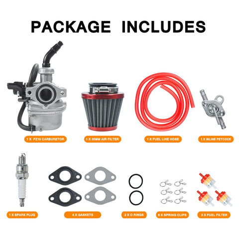 PZ19 Carburetor Kit With Air Filter, Fuel Line And Petcock For 50cc To 125cc Chinese Kids ATVs, detailed package contents