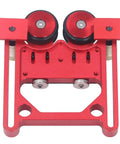 Rock Solid Bearing Roller Featherboards For Table Saw Aluminum double wheel feed guide with red chassis and black rollers.