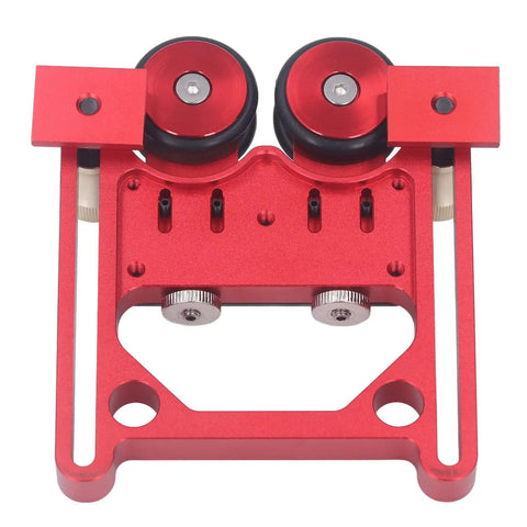 Rock Solid Bearing Roller Featherboards For Table Saw Aluminum double wheel feed guide with red chassis and black rollers.