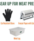 Cut resistant glove, freezer paper with cutter, and meat lug for efficient meat preparation.