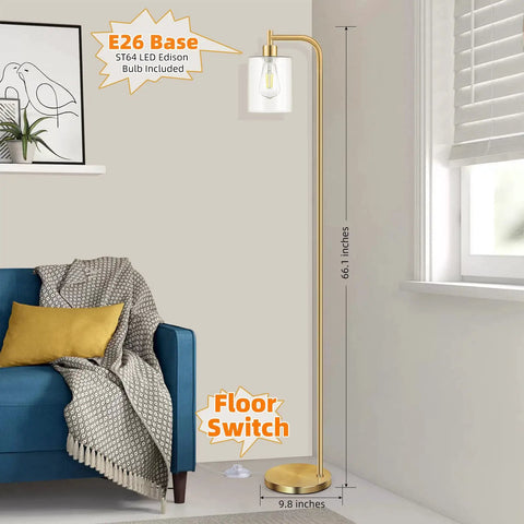 Industrial Floor Lamp With Dope Hanging Glass Shade And Brass Gold Farmhouse Indoor Pole Light Edison E26 Base Vintage Rustic