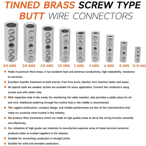 4 Gauge Wire Butt Connectors Kit For Mechanical Splices, heavy-duty brass screw-type connectors with multiple AWG sizes