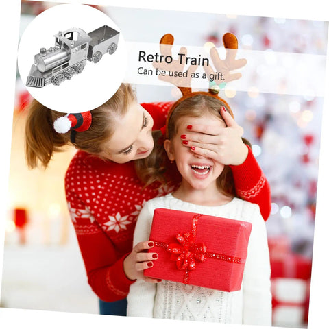 Girl in red sweater giving a gift next to Retro Steam Locomotive Desk Decor for Home Office, Luxury Model Train Ornament