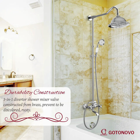 Exposed Shower System Set In Polished Chrome With 8 Inch Rain Shower Head, 2 Knob Handles, 3 Function Diverter, Tub Spout
