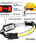 Ultra Bright 1000LM USB Rechargeable Headlamp with 230 Degree Wide Beam Taillight Individual Control Waterproof, yellow helmet, red light