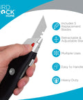 Bird Rock Home utility knife with rubber handle and retractable blade, front view