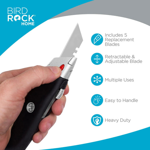 Bird Rock Home utility knife with rubber handle and retractable blade, front view