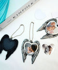 Sublimation Angel Wing Ornament Blanks Set with Metal Love Heart Pendant for Personalization, photo insert design detail.