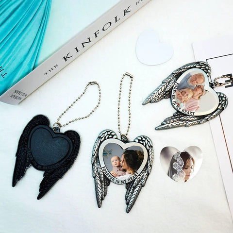 Sublimation Angel Wing Ornament Blanks Set with Metal Love Heart Pendant for Personalization, photo insert design detail.