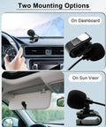 Universal Car Radio Microphone mounted on dashboard and sun visor, 9.86 ft cable, 3.5mm to 2.5mm adapter shown
