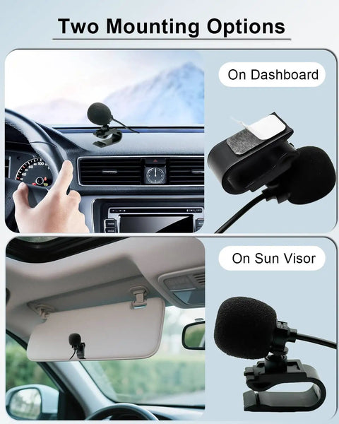 Universal Car Radio Microphone mounted on dashboard and sun visor, 9.86 ft cable, 3.5mm to 2.5mm adapter shown