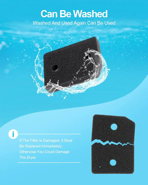 Must Have Plinth Filter Replacement For T1 Dryer 9164761, washable foam filter shown whole and split.