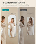 Comparison showing LED Jewelry Cabinet Organizer with wider mirror vs smaller mirror, highlighting dimensions and sleek design.