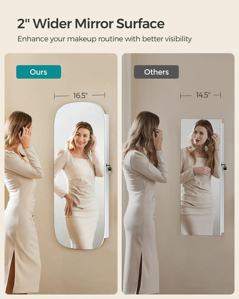 Comparison showing LED Jewelry Cabinet Organizer with wider mirror vs smaller mirror, highlighting dimensions and sleek design.