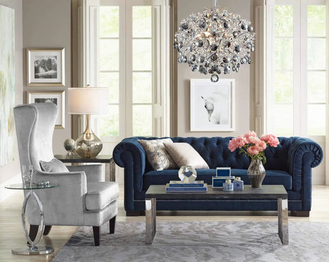 Elegant living room with a modern crystal pendant chandelier ceiling light, 16 inches wide and 18 inches high with adjustable chain.