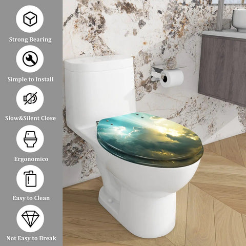 Toilet Seat Elongated Quick Release Bathroom with scenic cloudy design, easy to clean, fits standard toilets.