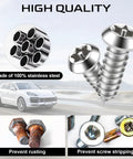 Heavy Duty Stainless Steel License Plate Screws Kit showing screws, rust prevention and stripped screws images, sleek silver design.