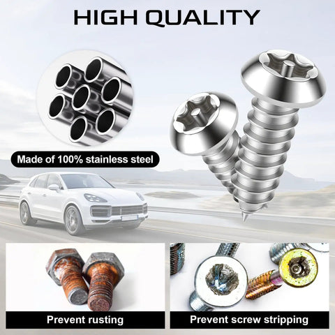 Heavy Duty Stainless Steel License Plate Screws Kit showing screws, rust prevention and stripped screws images, sleek silver design.