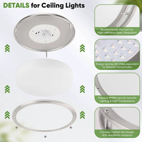 Super Bright 36W LED Ceiling Lights 3600 Lumens Dimmable Flush Mount Fixtures 13 Inch Ceiling Lamps 2 Pack Nickel Finish details