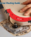 Hella Precise Pro Grade Aluminum Router Corner Radius Template Set Built For Seamless Cabinet Edge Molding And Serious Woodworking Projects That Actually Deliver Rock Solid Results Daily with R100 curve guide in use.