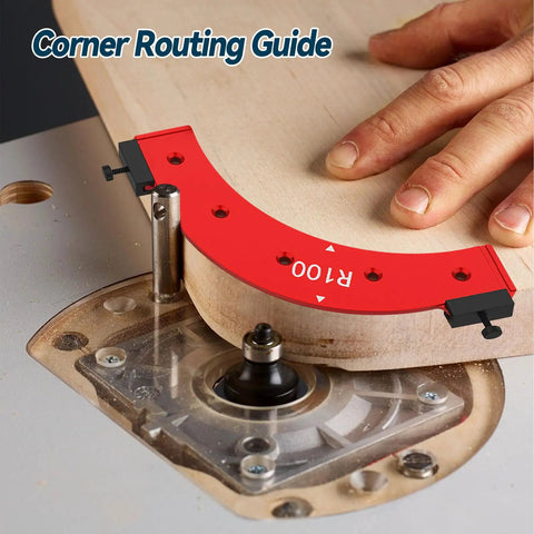 Hella Precise Pro Grade Aluminum Router Corner Radius Template Set Built For Seamless Cabinet Edge Molding And Serious Woodworking Projects That Actually Deliver Rock Solid Results Daily with R100 curve guide in use.