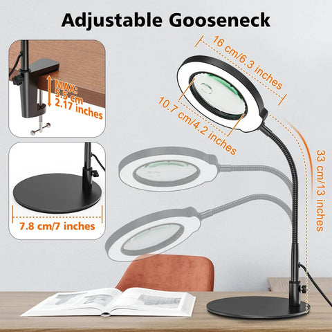 Desk Magnifying Glass With Light And Stand 10X 15X Zoom 4.2 Inch HD Lens with adjustable gooseneck and metal base