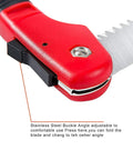 Close-up of Folding Pruning Saw With Triple Cut Razor Teeth showing red handle and lock mechanism with 7.7 inch blade