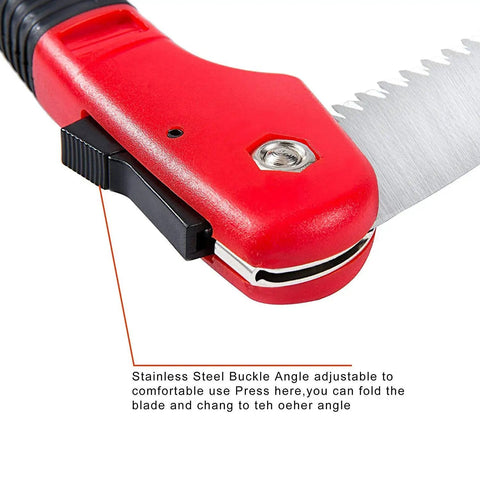 Close-up of Folding Pruning Saw With Triple Cut Razor Teeth showing red handle and lock mechanism with 7.7 inch blade