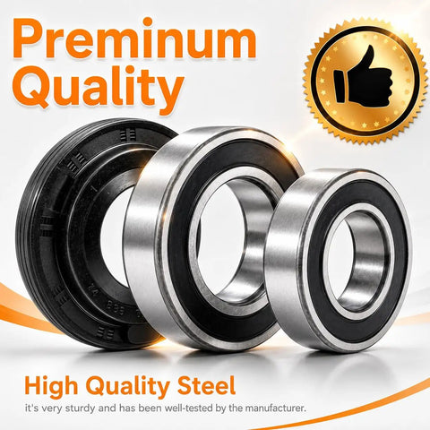 W10435302 Washer Tub Shaft Bearing And Rubber Seal Kit Compatible With Whirlpool Cabrio Washing Machine Models showing three quality steel bearings with seals.