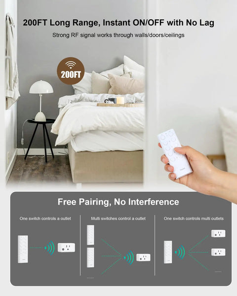 Remote Control Outlet Kit With 5 Outlets And 2 Remotes, 200FT Long Range Wireless Light Switch in bedroom setting