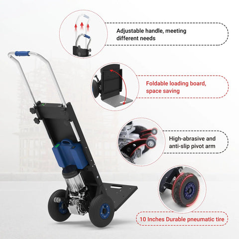 XSTO 550 Lb Capacity Electric Dolly Stair Climber showing adjustable handle, foldable loading board, and durable tires.