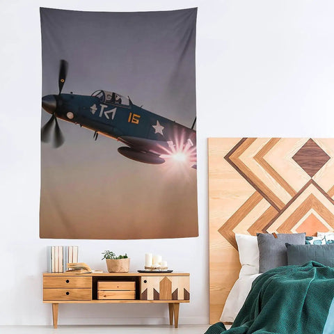 World War II Aircraft Wall Tapestry Large Polyester Print with Easy Hang Kit in bedroom setting, soft durable fabric