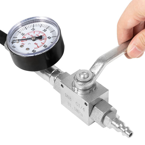 Close-up of a gauge on Ford 6.0L 7.3L Powerstroke Diesel High Pressure Oil System IPR Air Test Tool Kit With Leak Detection Fittings