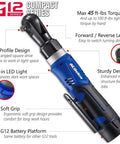 Compact 12V Cordless Ratchet Wrench Kit With Three Eighths Inch Drive 45 ft Lbs Torque LED Light design features labeled.