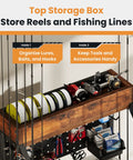Top view of Three-Tier Fishing Rod Rack With Pegboard Hooks And Wooden Top Box, showcasing storage of reels and lines.