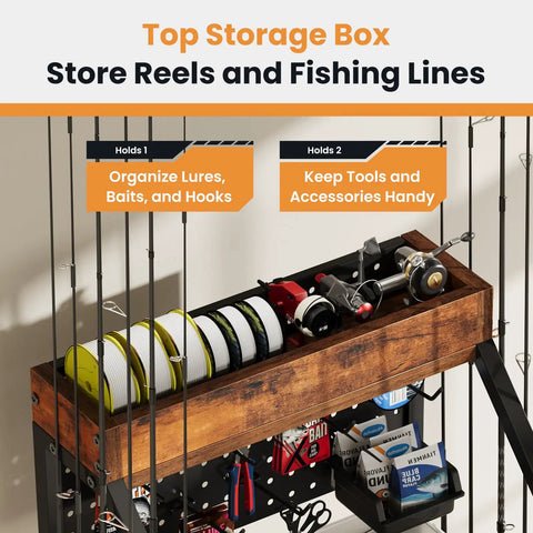 Top view of Three-Tier Fishing Rod Rack With Pegboard Hooks And Wooden Top Box, showcasing storage of reels and lines.