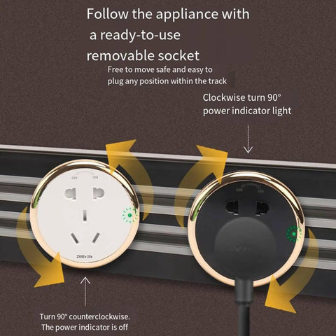 Top Notch Wall Mounted Track Power Strip Featuring Slick Sliding Sockets with removable gold finish sockets for flexible appliance use.
