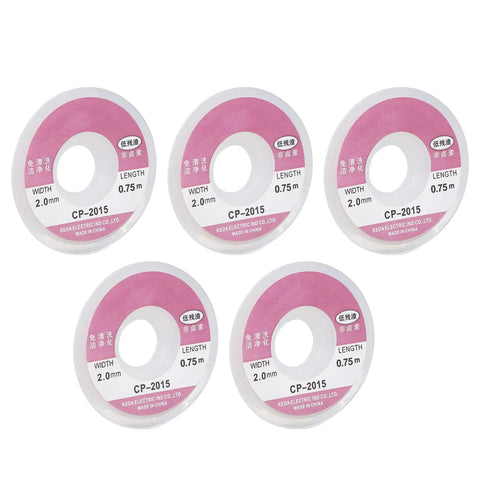 Braided Desoldering Solder Wick For Quick Absorption Red Copper Braid With Fluorine Low Heat Transfer 5 Pack, five reels