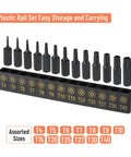 Tamper Proof Torx Bit Set 14-Piece T4 Through T40 With 1/4 Inch Ergonomic Magnetic Bit Driver in plastic rail for easy storage.