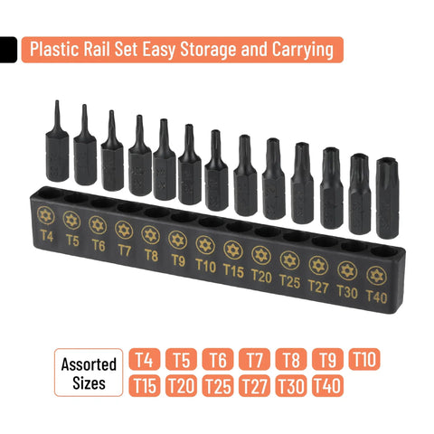 Tamper Proof Torx Bit Set 14-Piece T4 Through T40 With 1/4 Inch Ergonomic Magnetic Bit Driver in plastic rail for easy storage.