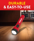 Red handheld flashlight on floor, part of 3 Pack LED Flashlights For Emergencies And Camping Gear, emphasizing durability and ease of use.