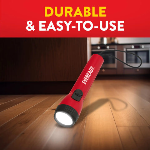 Red handheld flashlight on floor, part of 3 Pack LED Flashlights For Emergencies And Camping Gear, emphasizing durability and ease of use.
