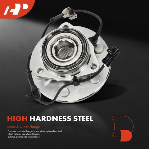 Front Wheel Bearing And Hub Assembly Set For 6 Lug Trucks Compatible With 1999 To 2007 Silverado 1500 Suburban Tahoe Yukon Escalade 4x4 AWD Chevy GMC Cadillac 2 Pack, shown with high hardness steel and wiring