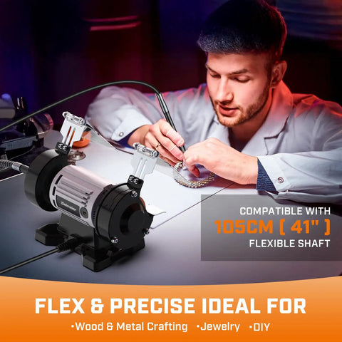 3 Inch Brushless Bench Grinder With Long Flexible Shaft And 110 Piece Accessory Set Knockout Buffer Polisher Kit in use for jewelry crafting