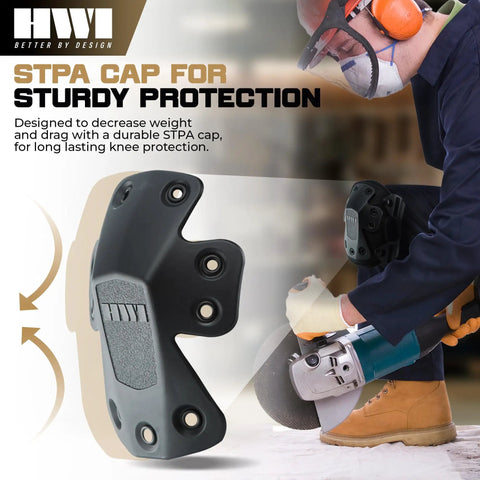 Beefed Up Adjustable Knee Pads With Rugged Nylon Shell And Impact Absorbing Foam For Construction Mechanics, showing STPA cap for sturdy protection.